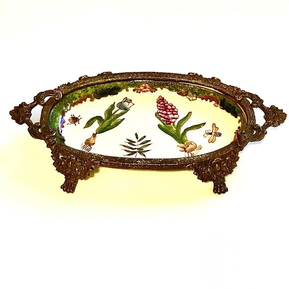 NWT WONG LEE Hand Painted Porcelain Bronze Ormolu Oval Tray Soap Dish 8x4" - Picture 3 of 7
